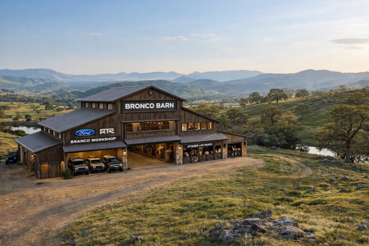 Bronco Barn aerial concept on rolling ranch land