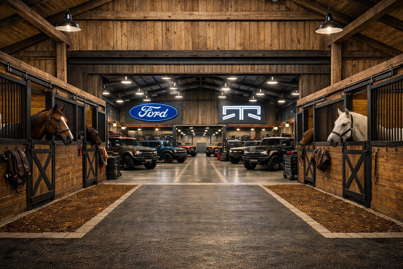 Interior barn concept with horse stalls, Broncos, Ford and RTR signs