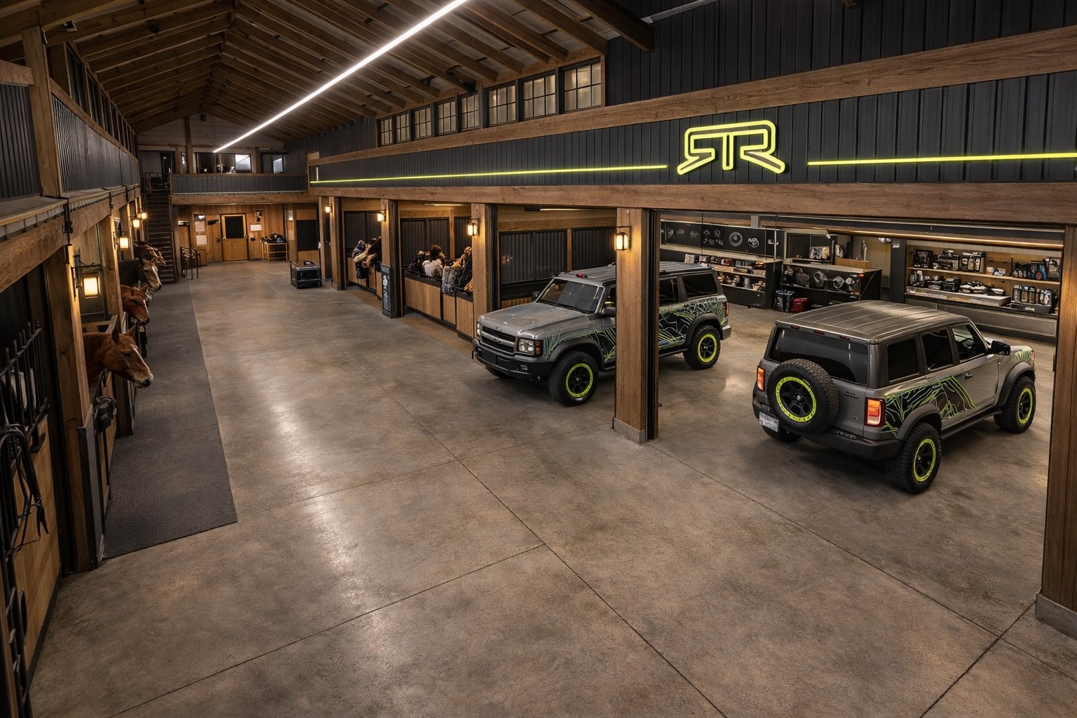 Large indoor Bronco workshop and stable concept with RTR neon