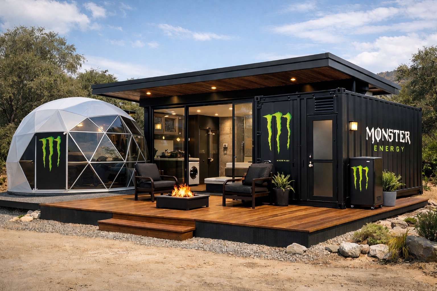 Monster Energy-inspired container and dome housing concept with deck and fire pit
