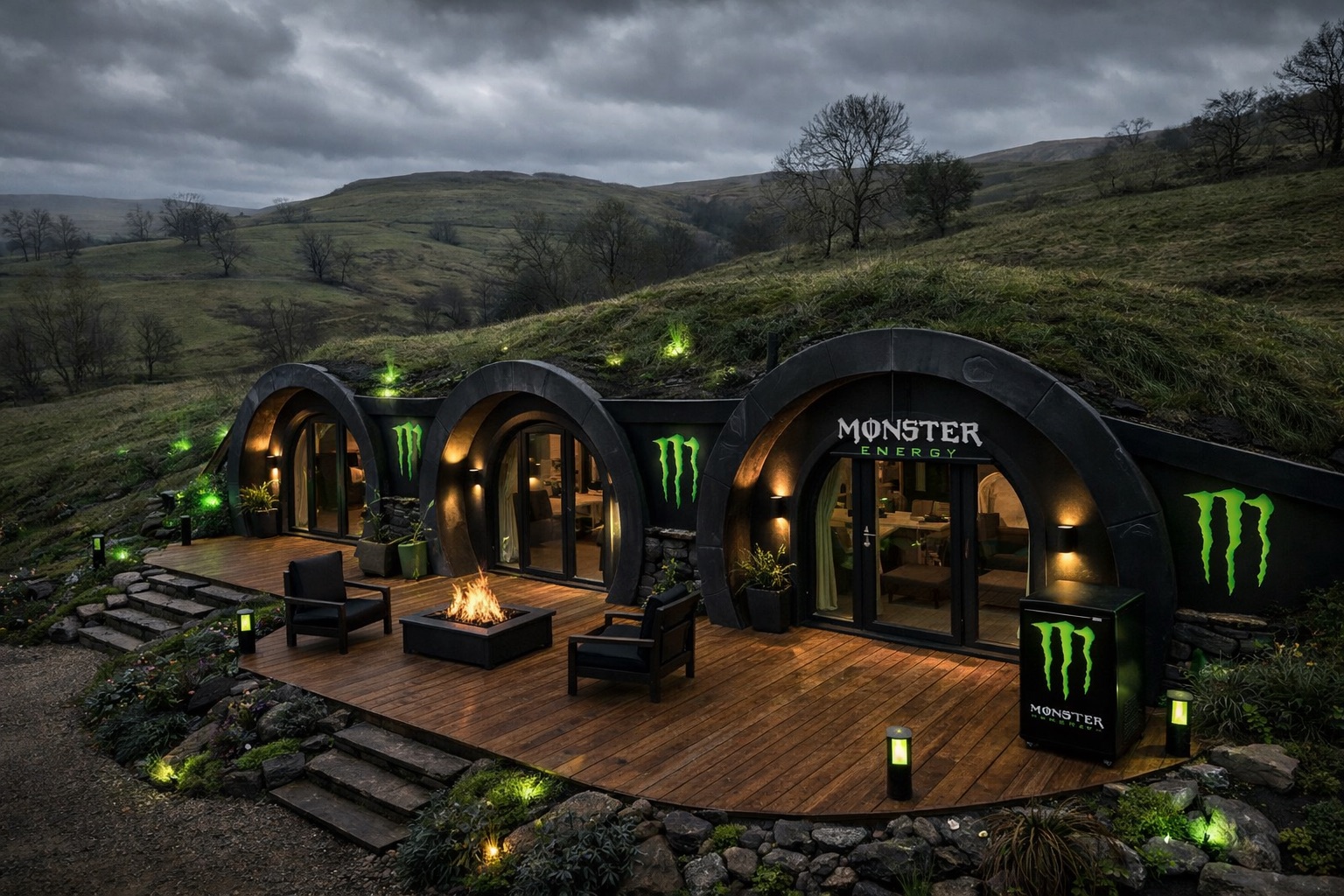 Hillside Monster Energy-inspired veteran housing pods built into rolling ranch land