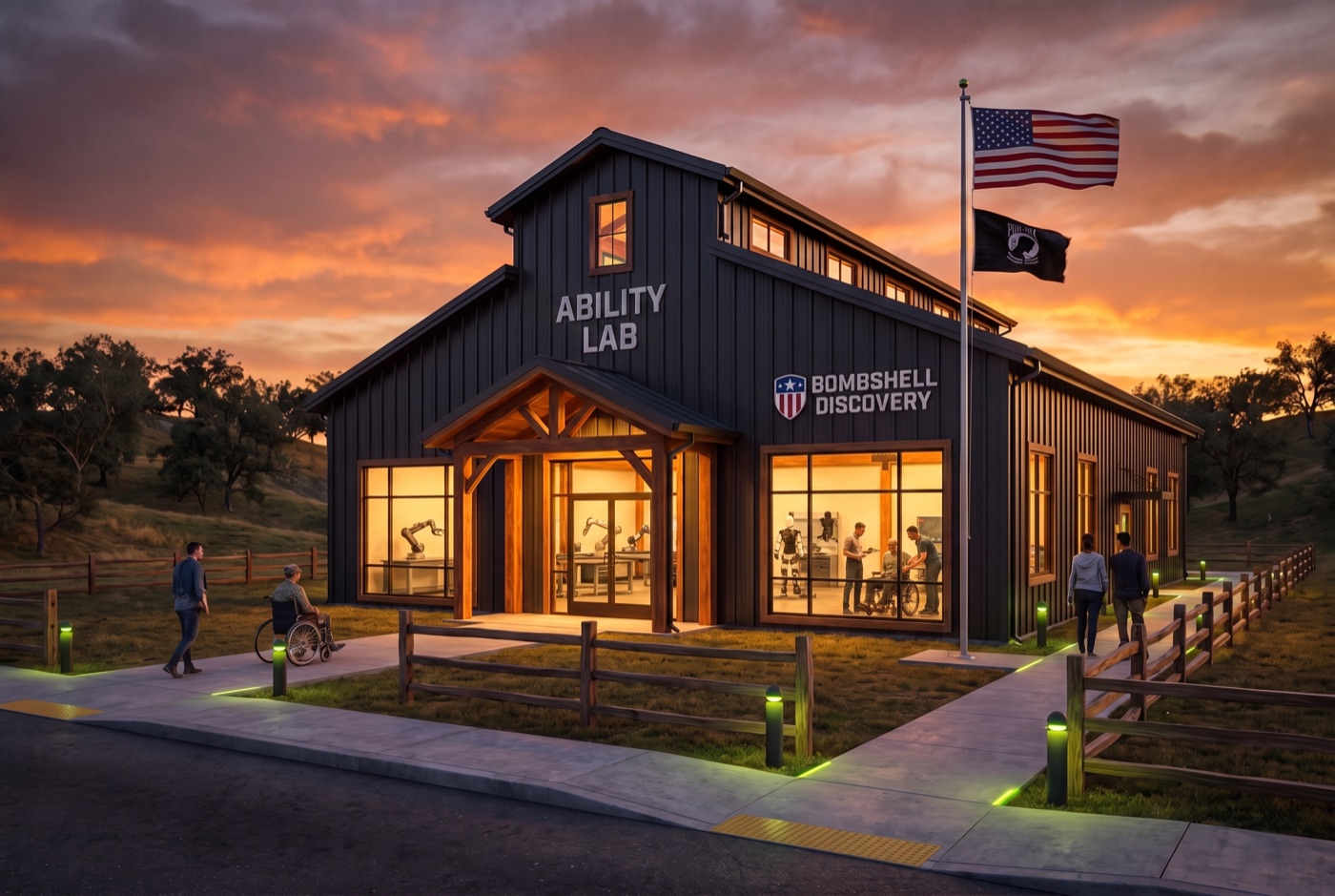 Concept rendering of the Ability Lab — a dark metal barn with a robotics and adaptive-engineering workshop inside