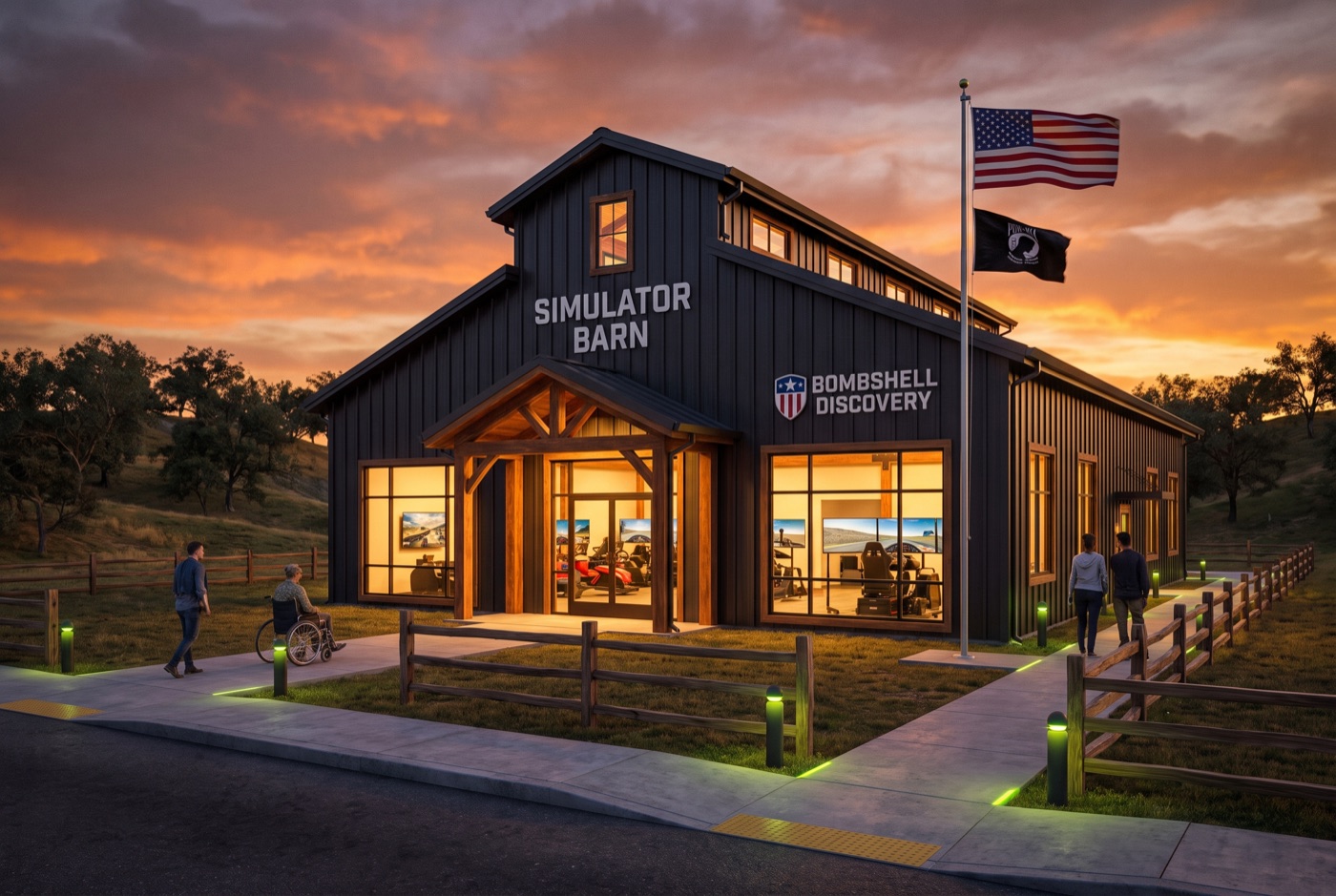 Concept rendering of the Simulator Barn — a dark metal barn with driving and flight simulators visible inside