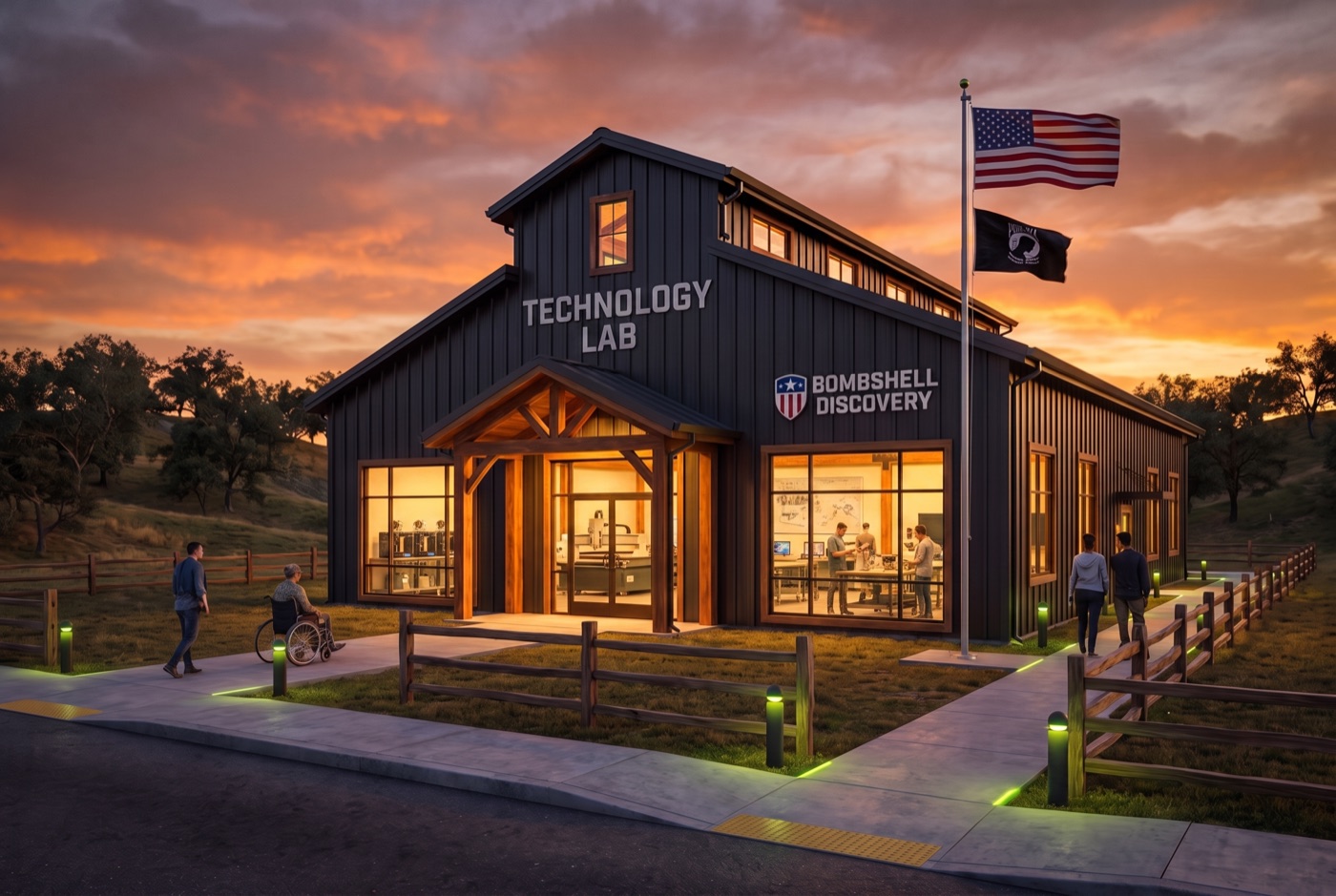 Concept rendering of the Technology Lab — a dark metal barn with a maker space of 3D printers and workbenches inside